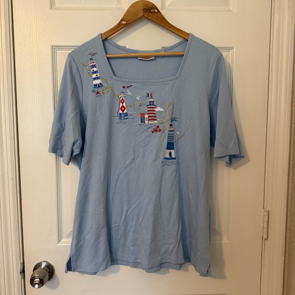 The Quacker Factory LightHouse Embellished Sailor Cotton Womens Top Large